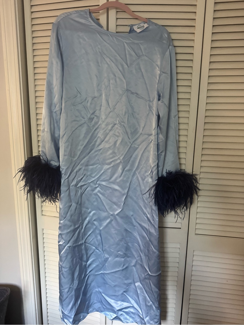 Sleeper Light Blue Satin Long Sleeve Nightgown with Navy Feather Cuffs